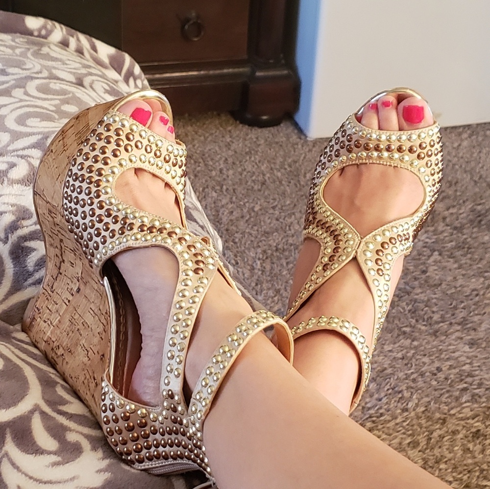 Bebe gold and bronze studded heels